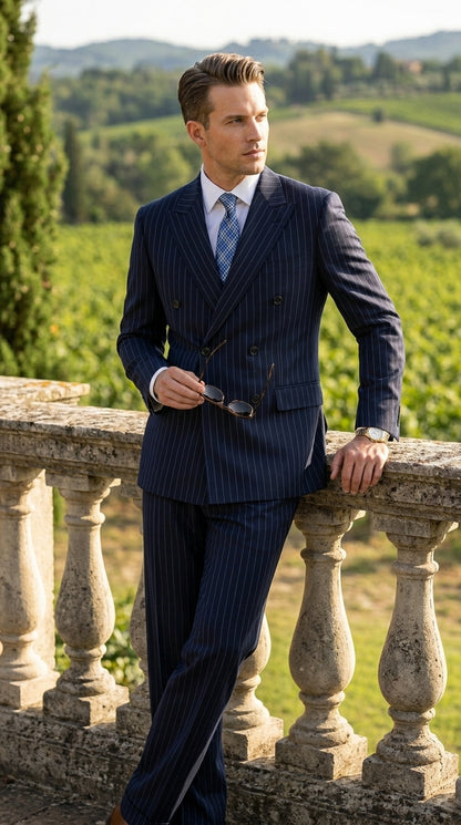 Men’s Dark Navy Blue Pinstripe Double Breasted Suit, Formal Business Wedding Dress Suit Set