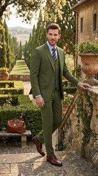 Men’s Olive Vested Suit, Classic Fit 3 Piece Flat Front Formal Wedding Business Suit Set