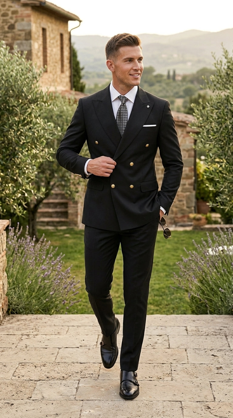 Men’s Black Double Breasted Wool Suit with Gold Buttons, Designer Formal Wedding Business Suit Set Modern Fit