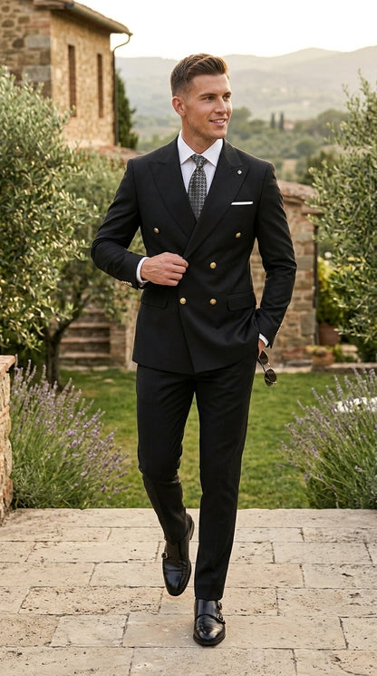 Men’s Black Double Breasted Wool Suit with Gold Buttons, Designer Formal Wedding Business Suit Set Modern Fit