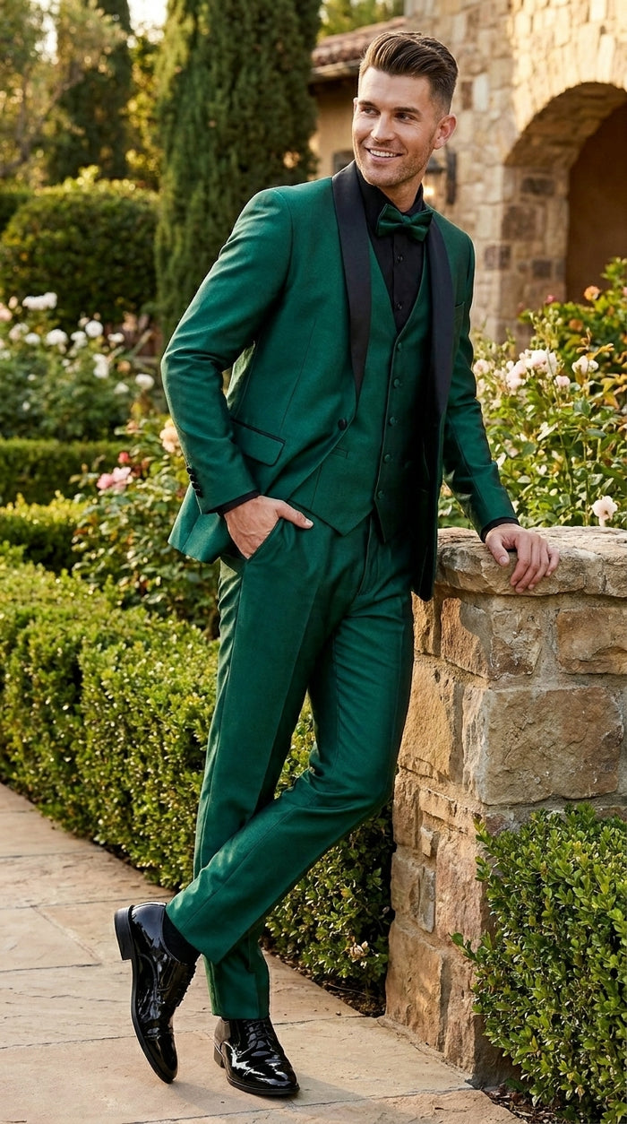 Men’s Emerald Green 3 Piece Tuxedo with Black Satin Shawl Lapel and Matching Vest
