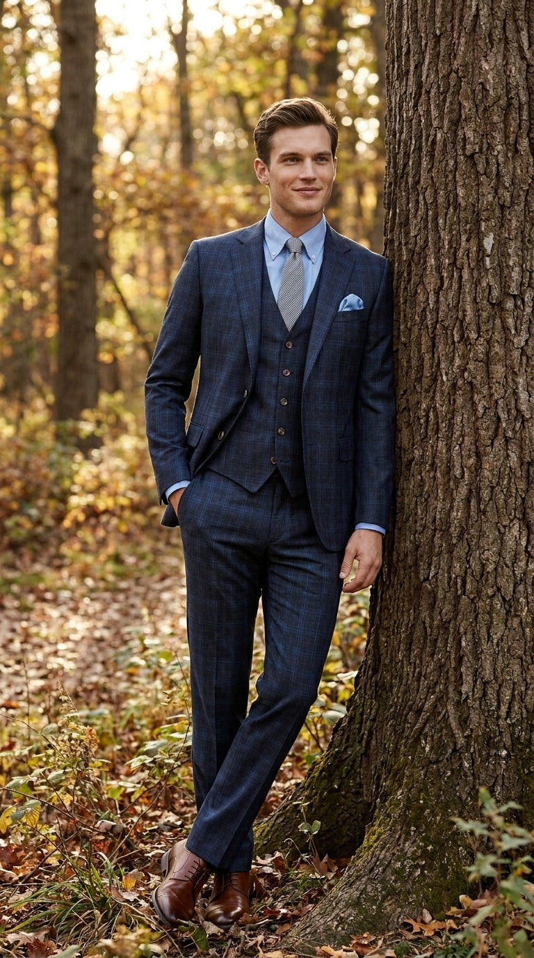 Men’s Charcoal Grey and Blue Plaid 3 Piece Vested Suit, Formal Wedding Business Dress Suit Set
