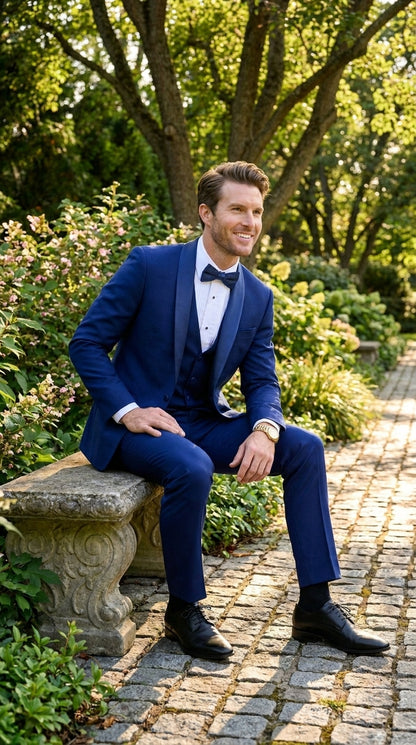 Men’s Bright Sapphire Blue 1 Button Shawl Lapel Vested Tuxedo, Formal Wedding Prom Dinner Suit Set