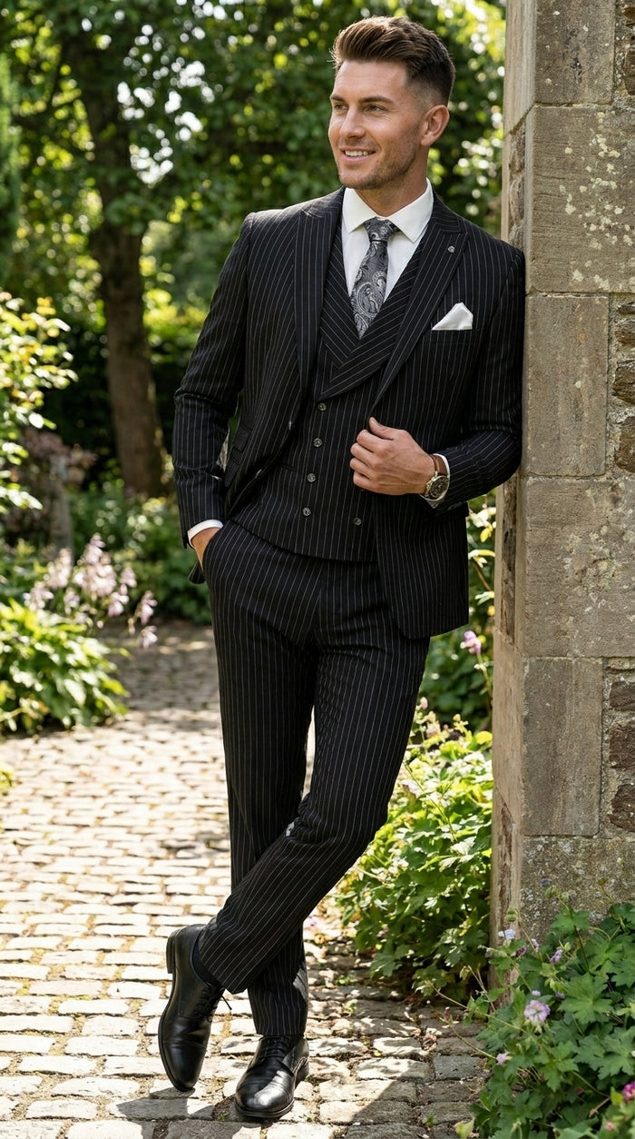 Mens Italian Wool Suit Color Black - Men's Designer Wool Pleated Pant Vested Black Gangster Pinstripe Suit
