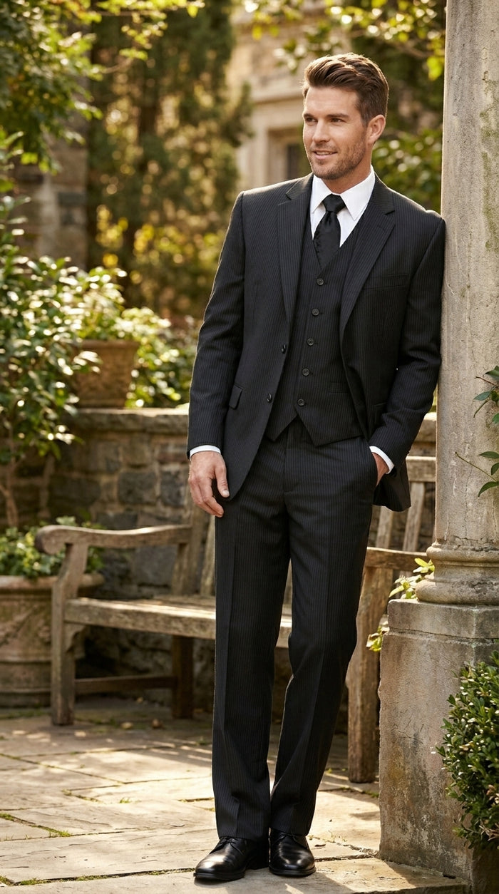 Men’s Black Shadow Stripe 3 Piece Suit, Tone on Tone Pinstripe Italian Design Formal Suit