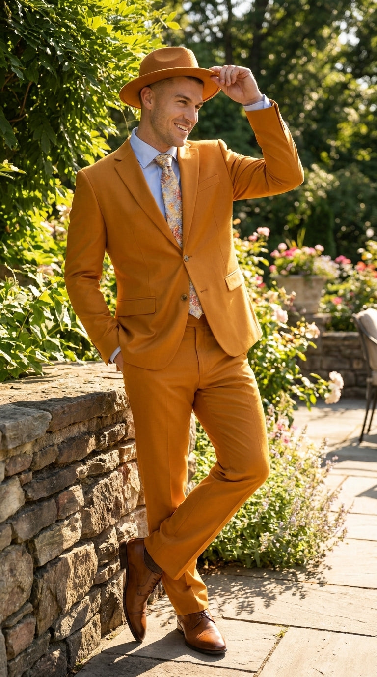 Men’s Light Rust Copper 2 Button Modern Fit Suit, Fall Color Church Dress Suit