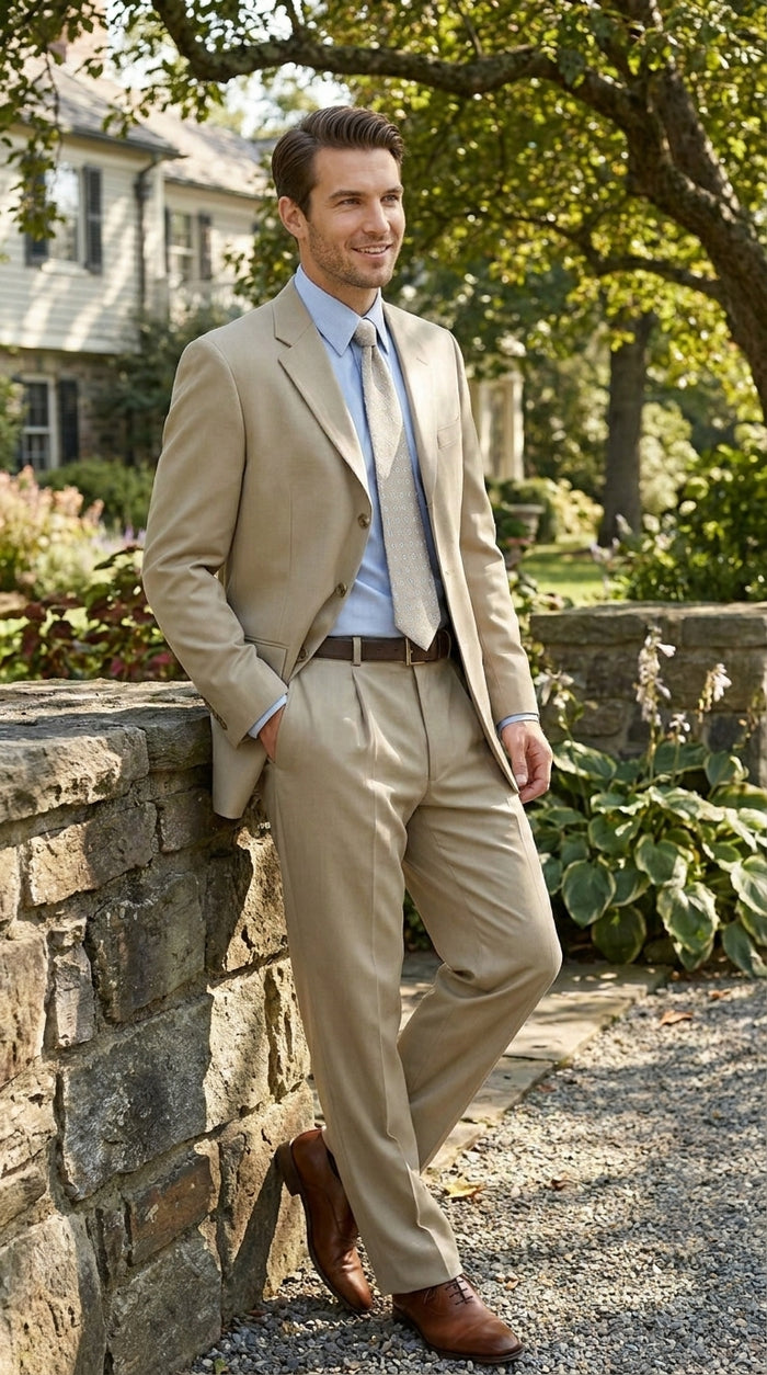 Men’s Khaki Light Tan Dress Suit with Jacket and Pants, Classic Fit Groomsmen Wedding Suit