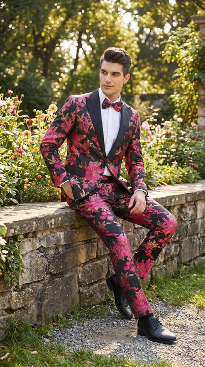 Men’s Fuchsia Pink and Black Floral Paisley Prom Tuxedo Suit, Shawl Lapel Wedding Party Formal Wear