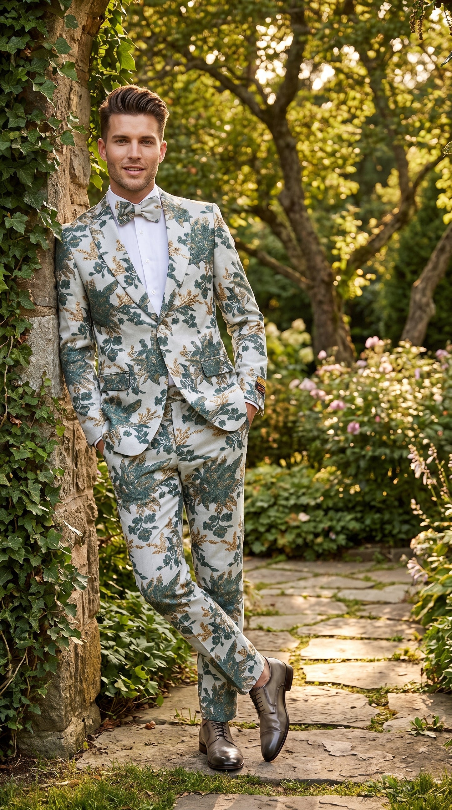 Men’s Green and Gold Floral Paisley Tuxedo Suit with Matching Bow Tie, Fancy Prom Wedding Formal Suit Set