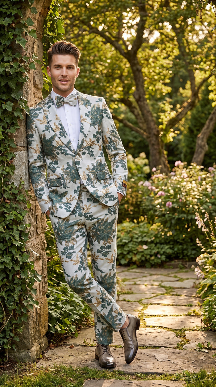 Men’s Green and Gold Floral Paisley Tuxedo Suit with Matching Bow Tie, Fancy Prom Wedding Formal Suit Set