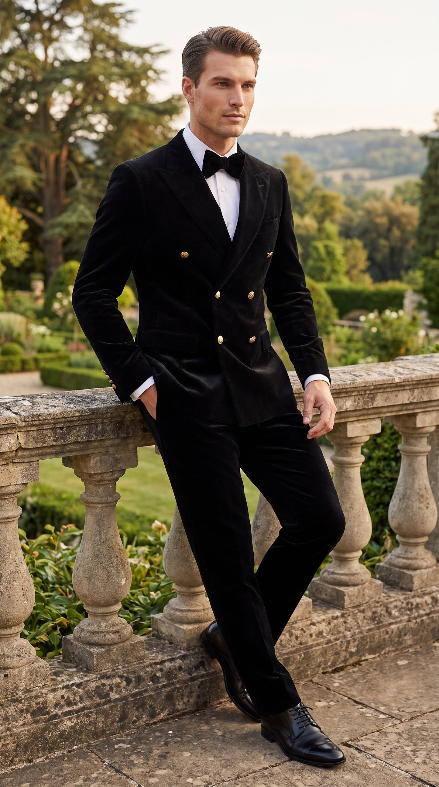 Men’s Rossi Man Zeus Black Velvet Double Breasted Tuxedo Suit, Formal Wedding Prom Dinner Suit Set