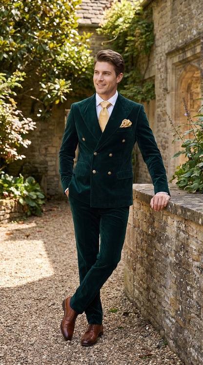 Men’s Rossi Man Zeus Emerald Green Velvet Double Breasted Tuxedo Suit, Formal Wedding Prom Dinner Suit