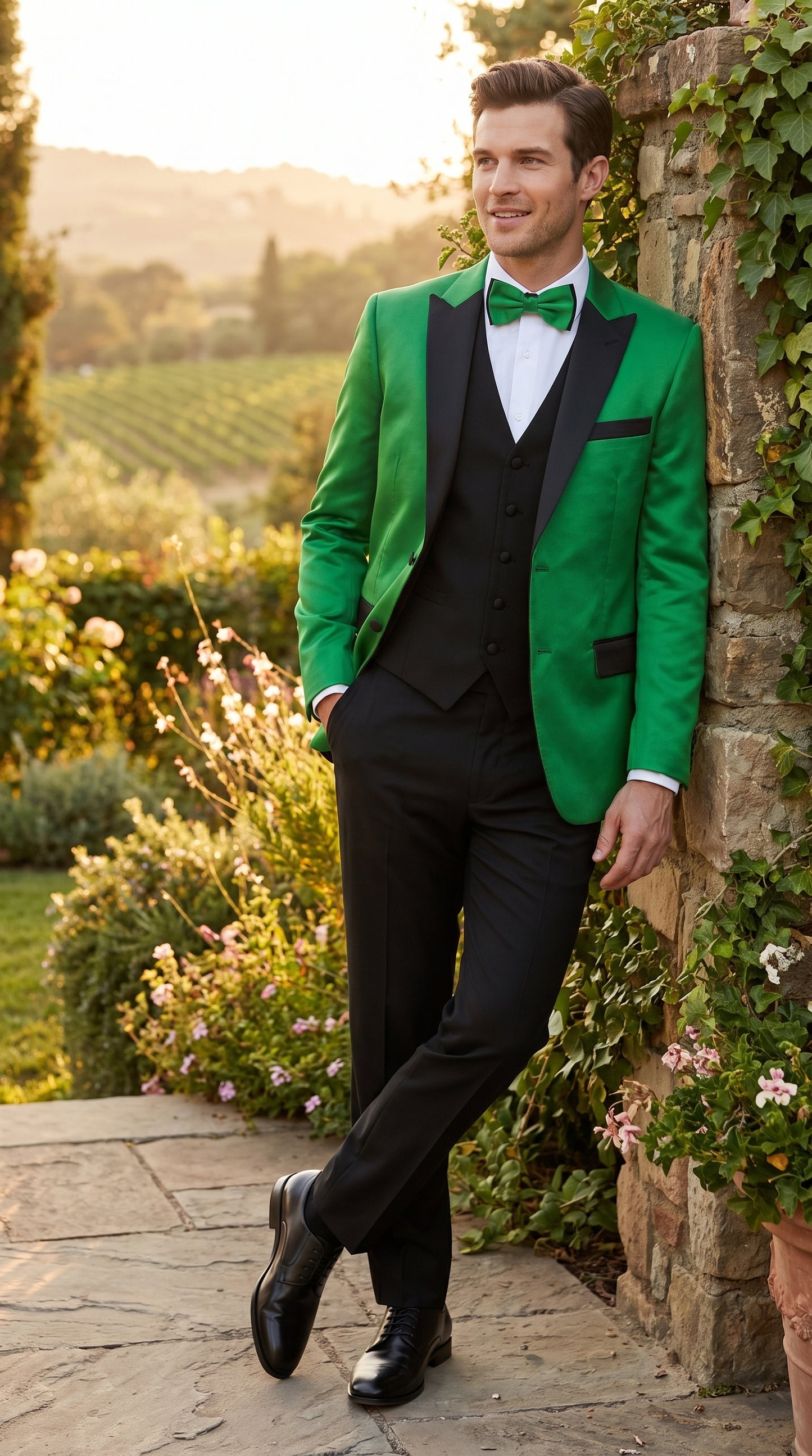 Men’s Emerald Green Tuxedo with Black Shawl Lapel, Black Vest and Pants – Formal 3 Piece Prom Wedding Suit