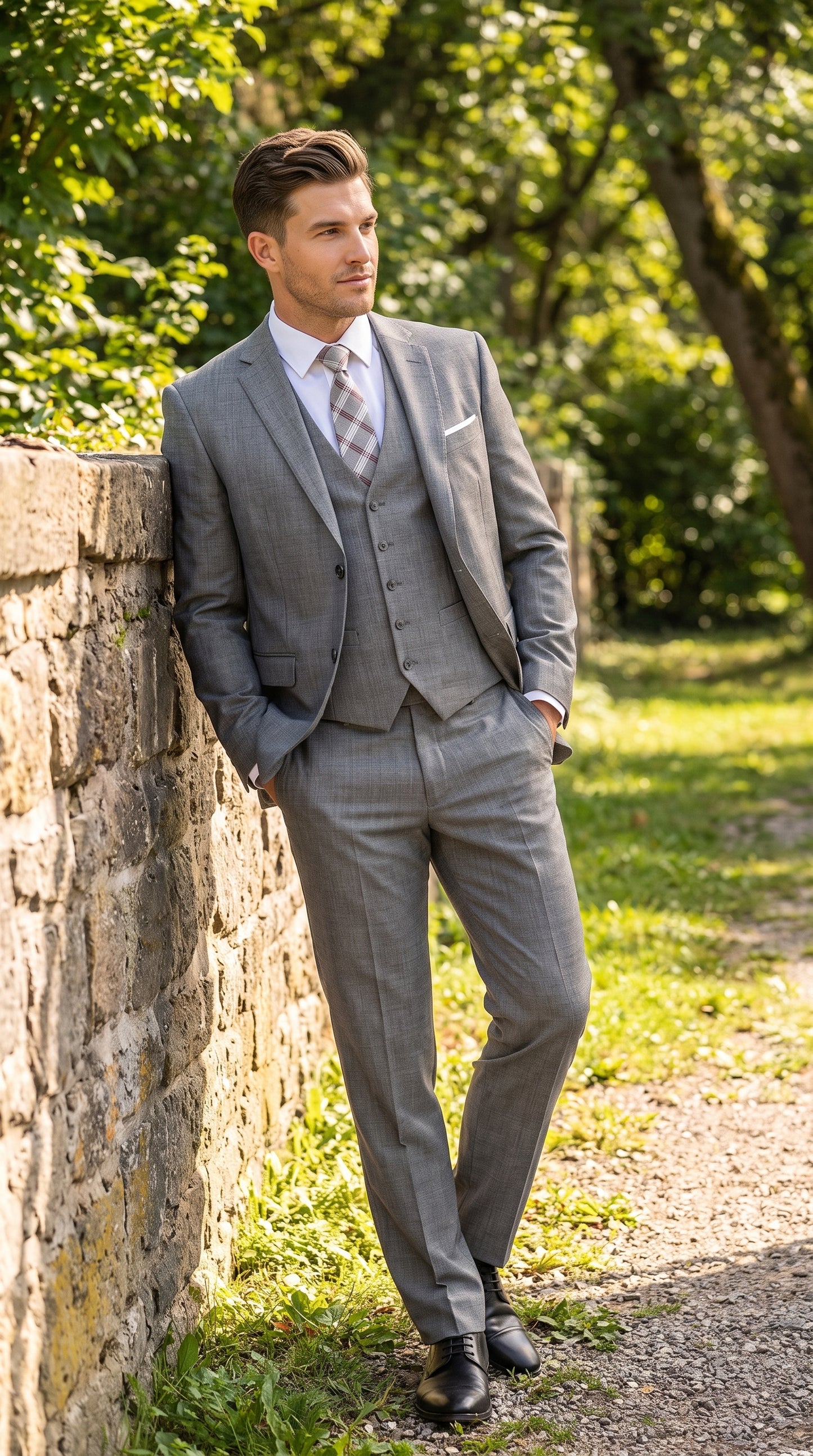 Men’s Charcoal Grey Windowpane Plaid 3 Piece Suit, 2 Button Vested Formal Dress Suit