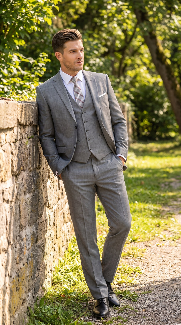 Men’s Charcoal Grey Windowpane Plaid 3 Piece Suit, 2 Button Vested Formal Dress Suit