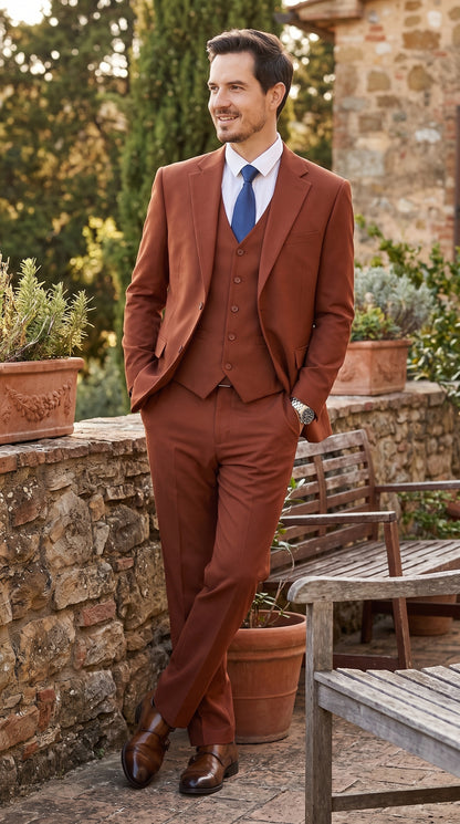 Men’s Brown Rust Stacy Adams 2 Button Vested Suit, Basic Designer 3 Piece Formal Dress Suit Modern Fit