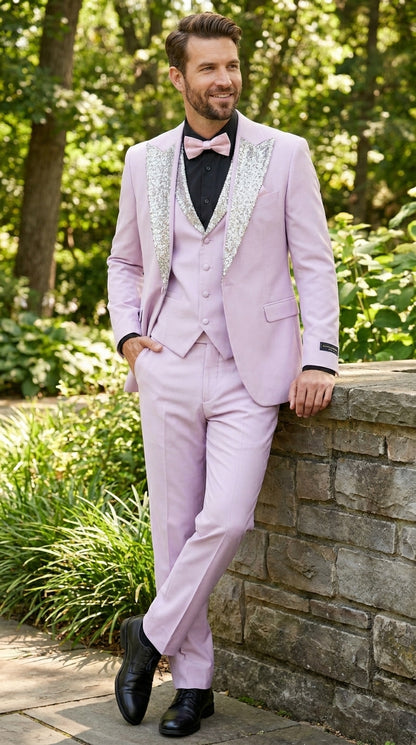 Gray and Pink Prom Tuxedo - Perfect Wedding Suit Vested rhinestone sequin Lapelled