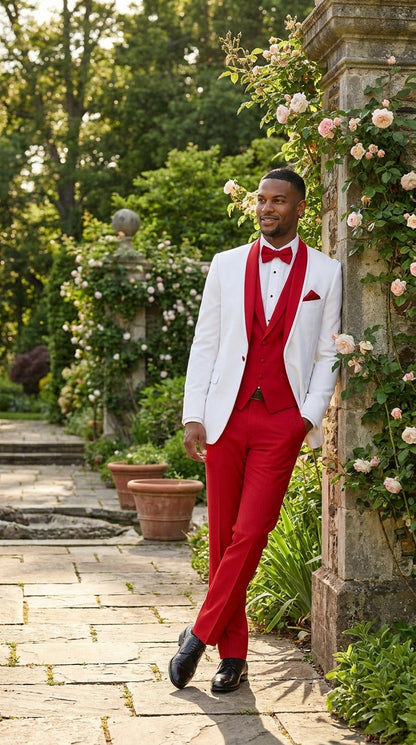 White and Red Tuxedo Wedding Suit - White Dinner Jacket + Vest + Pants + Bow-tie