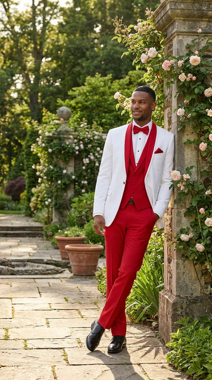 White and Red Tuxedo Wedding Suit - White Dinner Jacket + Vest + Pants + Bow-tie