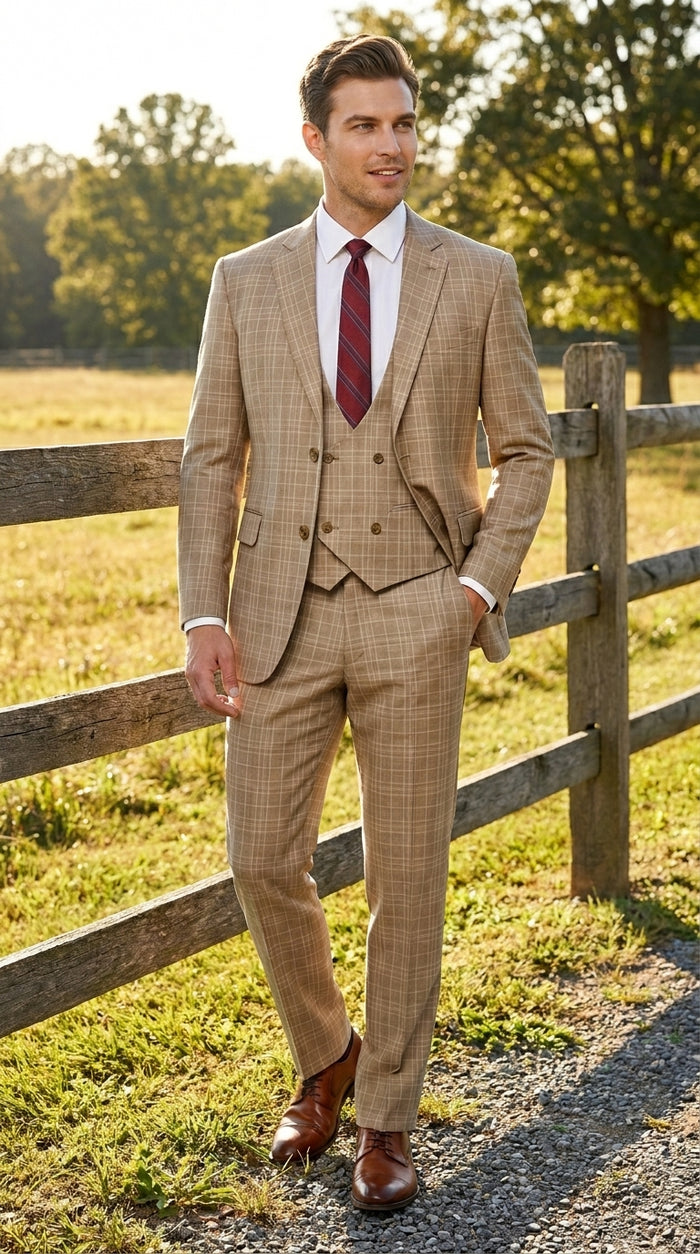 Men’s Renaissance Collection Camel 3 Piece Suit with Jacket, Vest and Pants, Formal Wedding Dress Suit Modern Fit