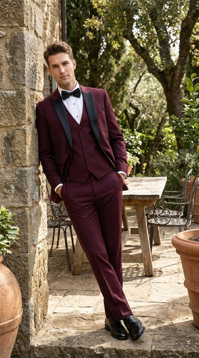 Men’s Burgundy Vested Wedding Tuxedo, One Button Jacket with Black Peak Lapel and Matching Pants