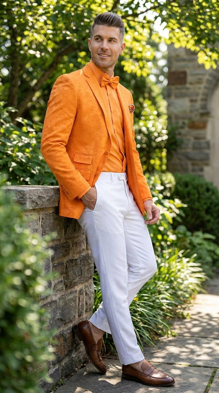 Men’s Mango Orange Blazer White Pants Formal Outfit