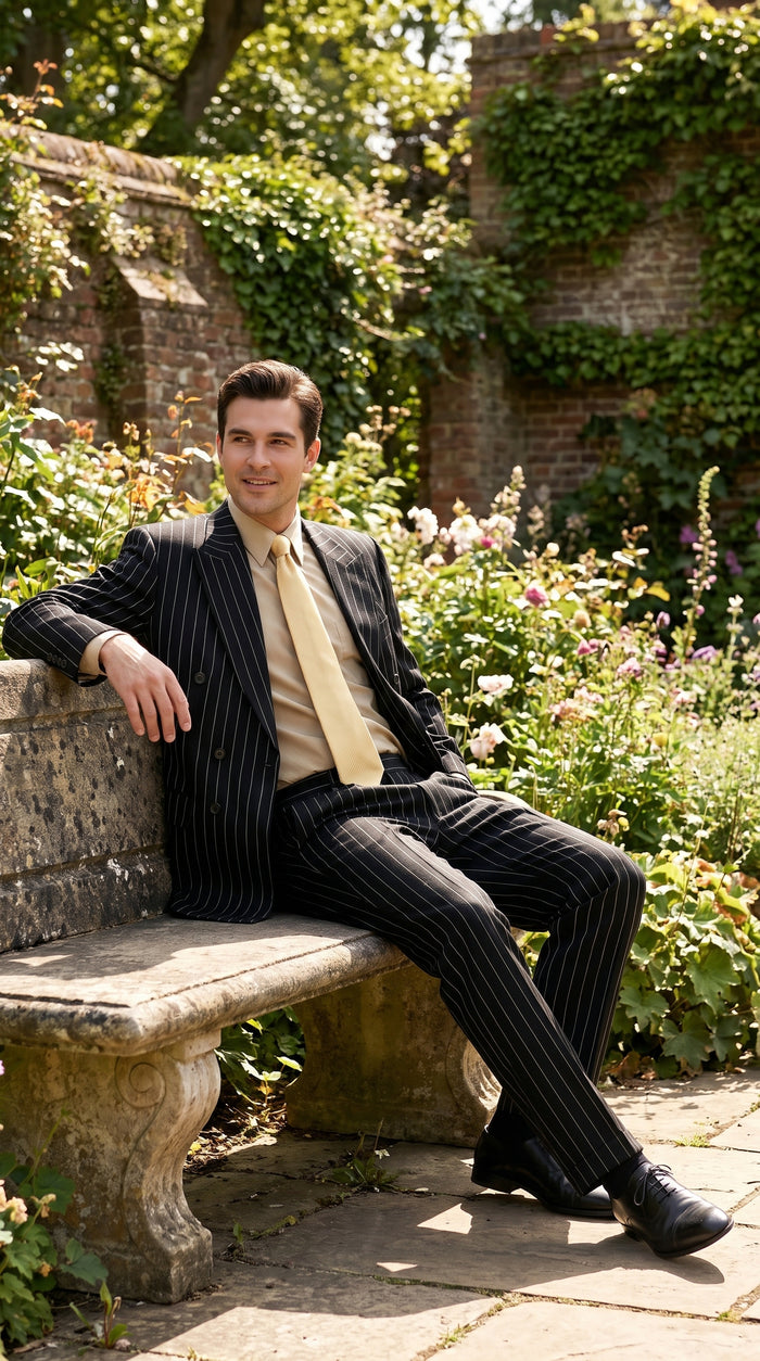 Men’s Black Pinstripe Double Breasted Suit, Super 120s Acrylic Rayon Formal Dress Suit Modern Fit