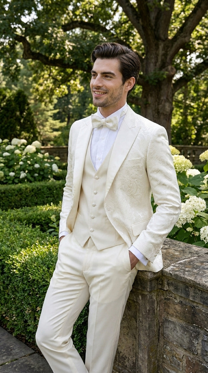 Men’s Champagne Ivory Paisley Dinner Jacket with Bow Tie, Off White Floral Formal Blazer