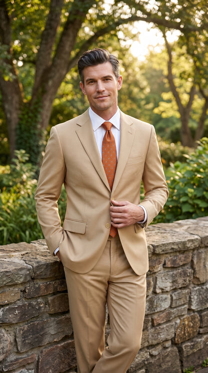 Men’s Bronze Camel Khaki Portly Suit, 2 Button Executive Fit Formal Dress Suit