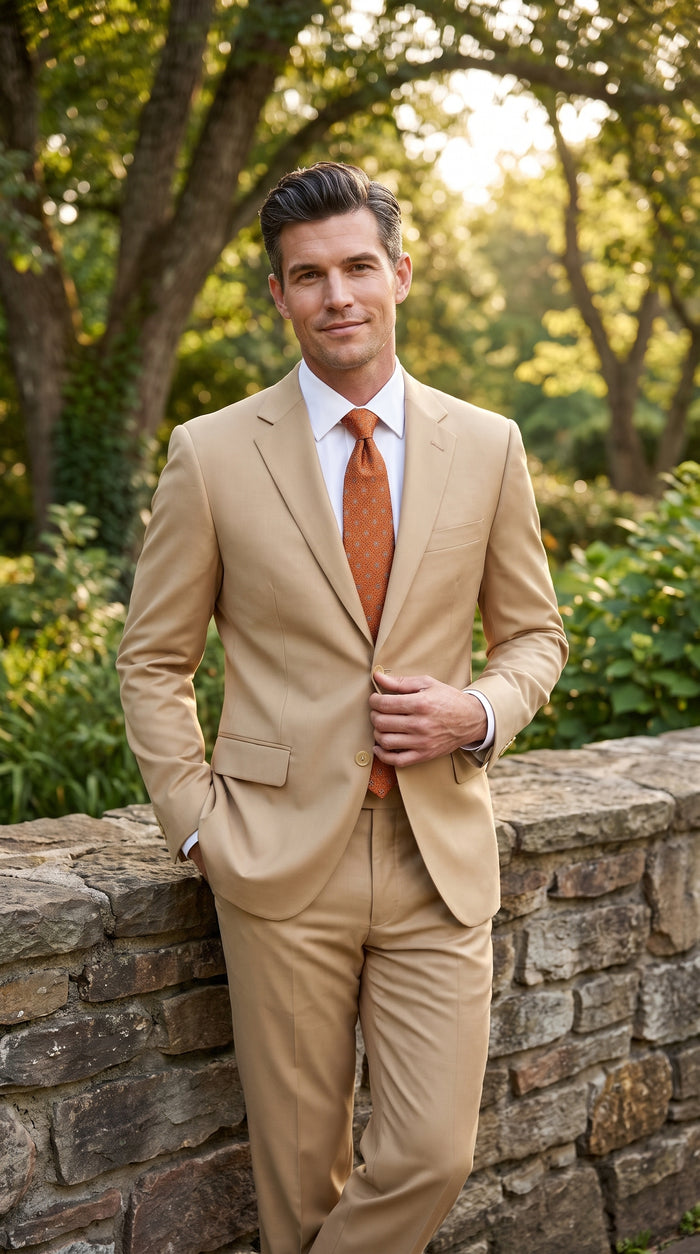 Men’s Bronze Camel Khaki Portly Suit, 2 Button Executive Fit Formal Dress Suit