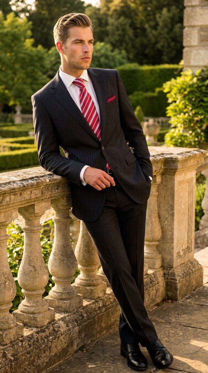 Men’s Black Pinstripe 2 Button Business Suit, Affordable 2 Piece Formal Dress Suit Clearance Sale