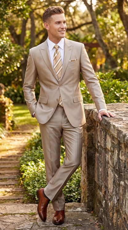 Men’s Tan Shiny Sharkskin 2 Button Suit, Peak Lapel Formal Wedding Business Dress Suit Modern Fit
