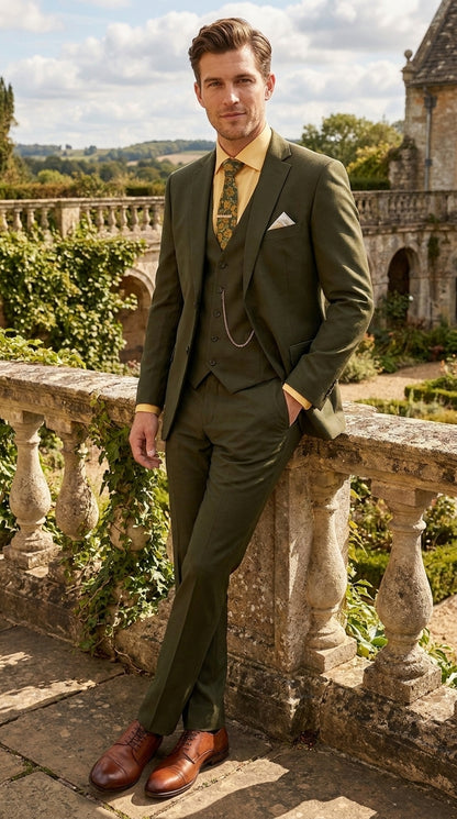 Men's Olive Green 3 Piece Suit – Classic Fit Vested Wedding, Business & Formal Suit with Flat Front Pants