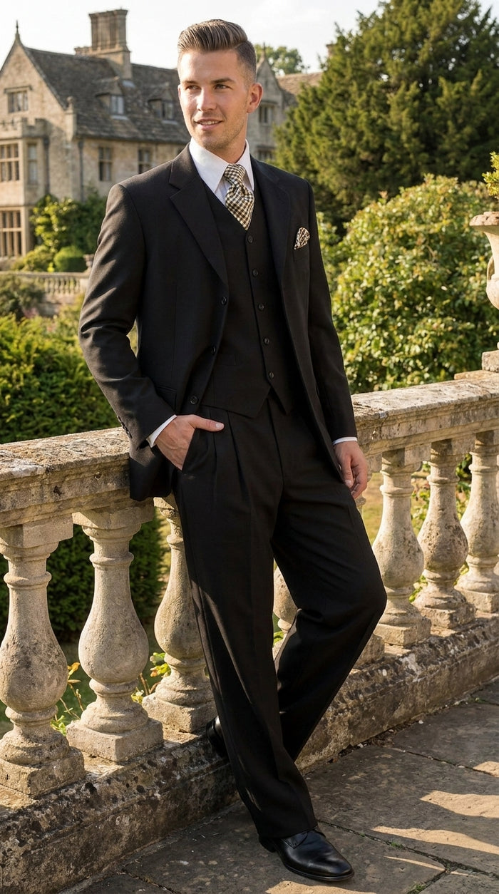 Men’s Black 3-Piece Suit – Classic Fit Three-Button Vested Suit with Single-Pleated Pants