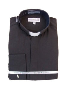 Men's Mandarin Banded Collar French Cuff Pastor Preacher Round Style Long Sleeve Black collarless Shirt