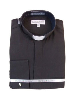 Men's Mandarin Banded Collar French Cuff Pastor Preacher Round Style Long Sleeve Black collarless Shirt