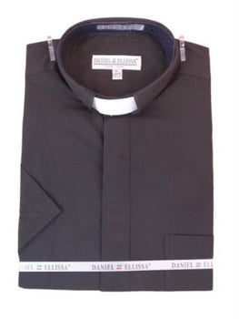 Men's Mandarin Banded Collar Pastor Preacher Minister Preacher Round Style Short Sleeves Black collarless Shirt