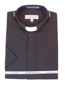 Men's Mandarin Banded Collar Pastor Preacher Minister Preacher Round Style Short Sleeve Black collarless Shirt
