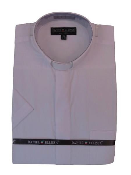 Men's Mandarin Banded Collar Pastor Preacher Minister Short Sleeves Preacher Round Style White collarless Shirt