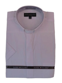 Men's Mandarin Banded Collar Pastor Preacher Minister Short Sleeve Preacher Round Style White collarless Shirt
