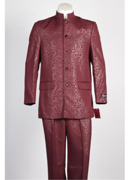 Men's Mandarin Paisley Banded Collar 5 Button Suit Wine Blazer Looking