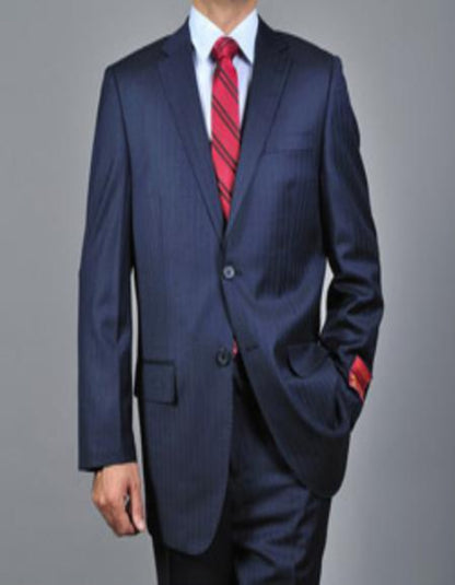 Mantoni Suit - Signature Menswear Wool Fabric SuitsOutlet - Brand Men's Pinstripe Dark Navy Blue Suit For Men 2-button Suit - High End Suits - High Quality Suits