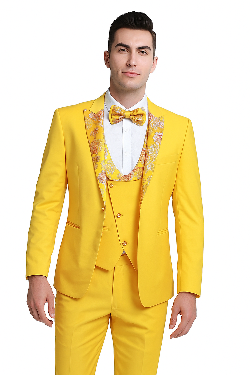 Radiant Golden Bloom Mens 3-Piece Suits with Floral Peak Lapel Modern Fit
