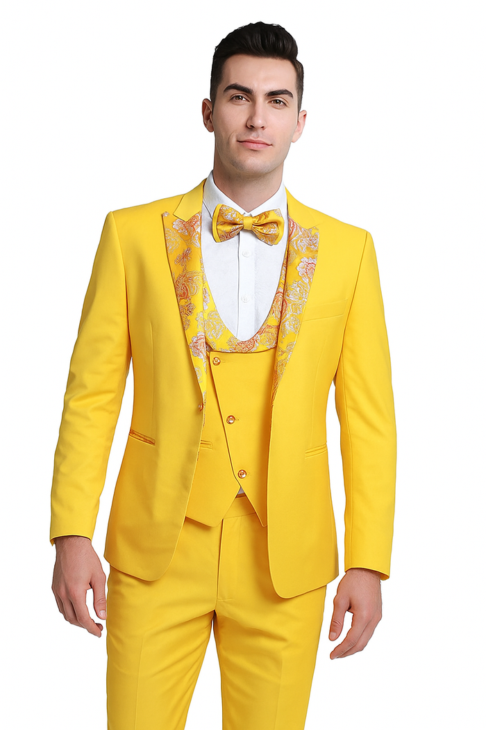 Radiant Golden Bloom Mens 3-Piece Suits with Floral Peak Lapel Modern Fit