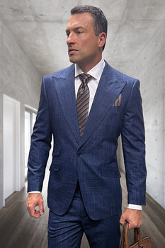 Men's Designer One Button Peak Lapel Wool Suit in Indigo Blue Plaid