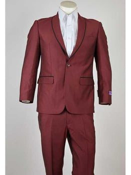 Men'S Maroon 1 Button Black Trim Shawl Lapel Slim Fit Suit