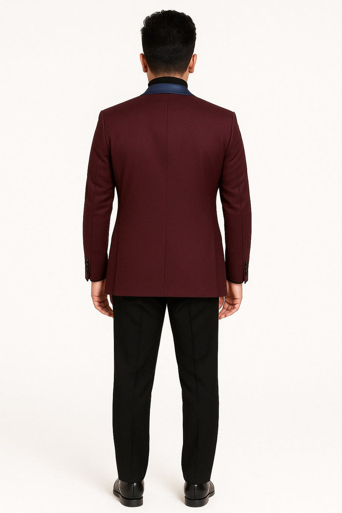 Mens Maroon Tuxedo Jacket with Blue Satin Shawl Lapel – Slim Fit Formal Blazer in Burgundy and Navy Blue - Image 3