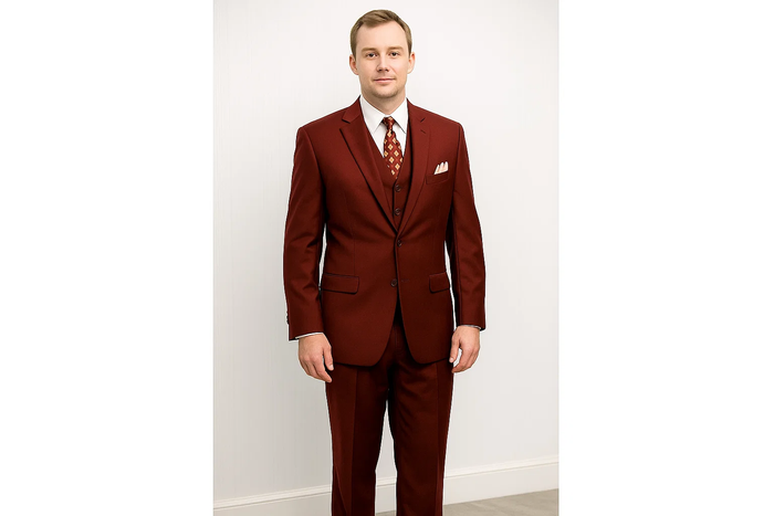 Burgundy ~Maroon Suit ~ Wine Color DRESS three piece Cheap Priced Business Suits Clearance Sale 2 Button 3 Pieces With Regular Cut Smooth Soft Fabric Men's Suits  Classic Cut - Image 2