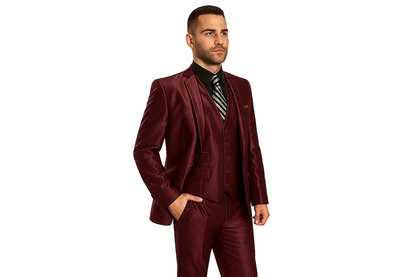 Men's  Sharkskin Burgundy ~ Wine ~ Maroon Suit vested Cheap Priced Business Suits - Image 2