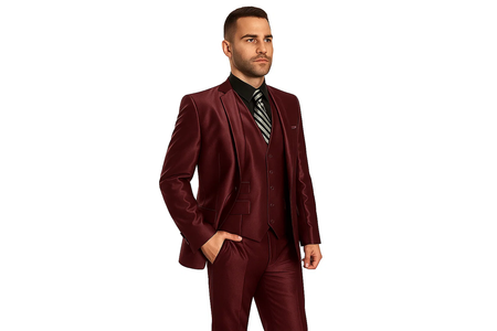 Men's  Sharkskin Burgundy ~ Wine ~ Maroon Suit vested Cheap Priced Business Suits
